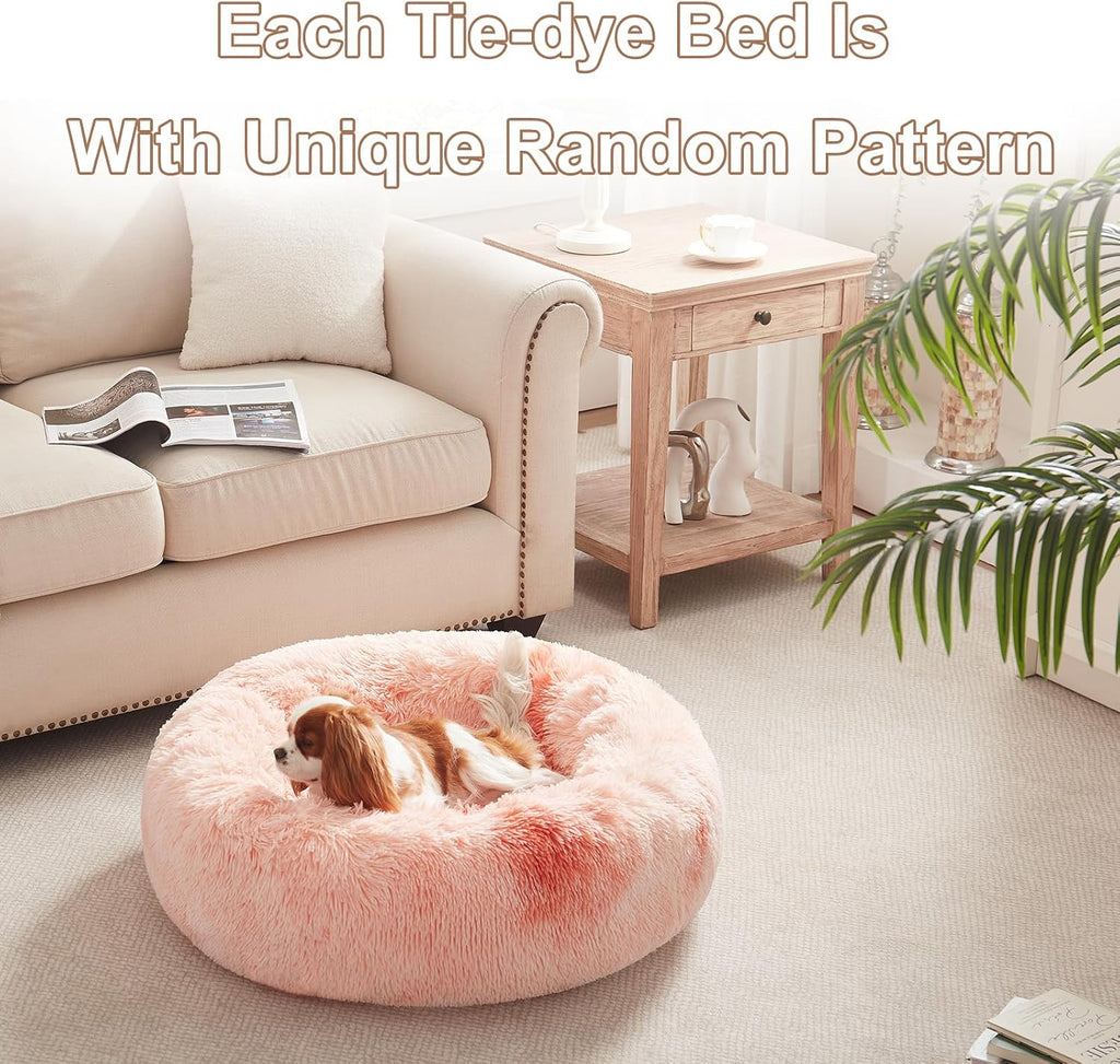 30 in Faux Fur Fluffy Donut Dog Bed for Medium Dogs,Tie-dye Pink