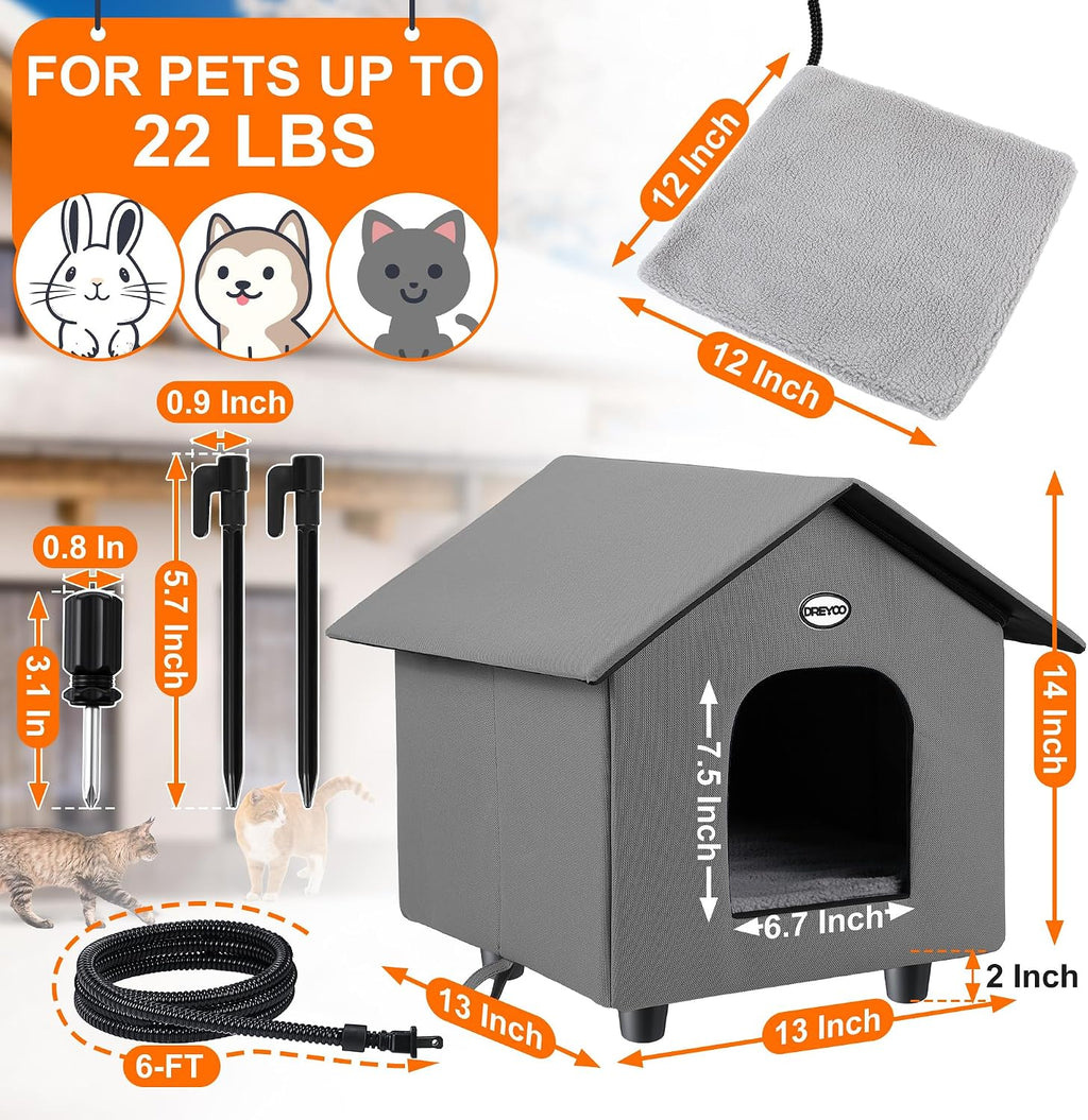 Dreyoo 1 Pack Heated Cat House Weatherproof, Dark Gray