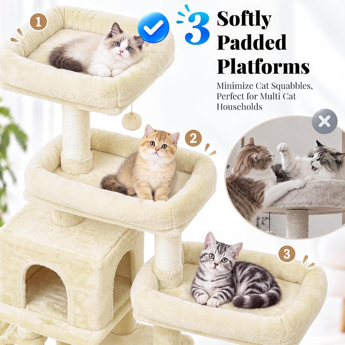 Hey-brother Cat Tree Tower with Stable Extended Base, 3 Platforms, MPJ038M