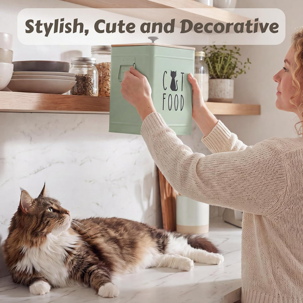 PERFNIQUE Cat Food Storage Container, Airtight Cat Treat Container with Bamboo Lid, Pet Food Storage for Kitchen Countertop, Treat Jars for Pets, Cat Food Container (Sage Green, with Spoon)