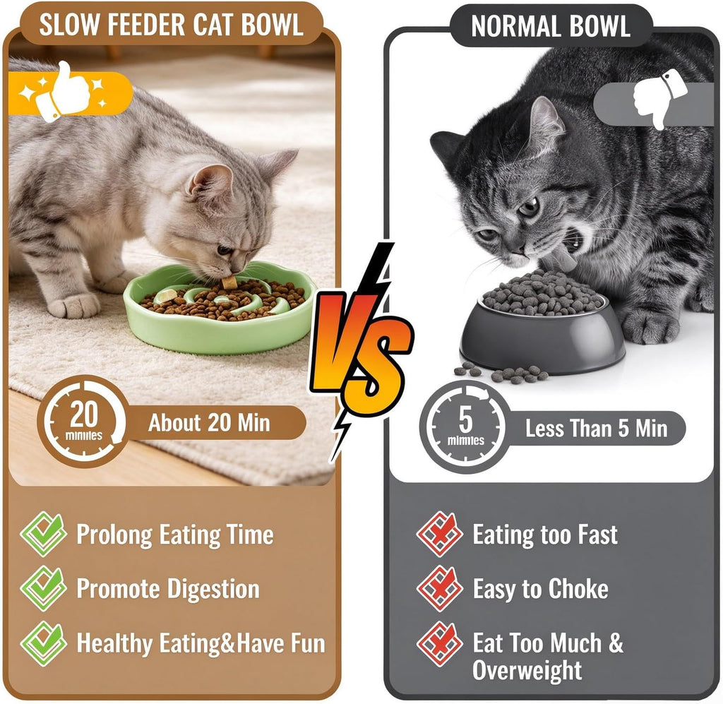 Slow Feeder Cat Bowl Set of 2, Ceramic Slow Feeding Cats Bowl Whisker Friendly, Anti Vomiting Cat Feeder for Dry and Wet Food，Fun Maze Interactive Bloat Stop Puzzle Bowls for Healthy Eating Diet
