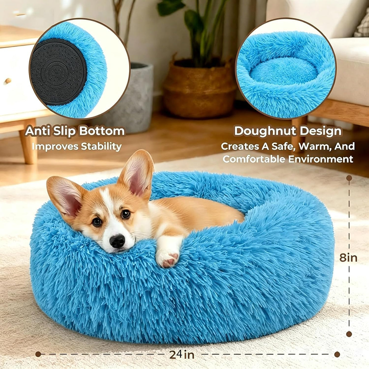 Calming Donut Dog Bed for Small Dogs, Anti-Anxiety Round Washable Plush Fluffy Faux Fur Large Cat Bed, 24 inches Fits up to 25 lbs Pets, Anti-Slip Waterproof Mute Base Blue