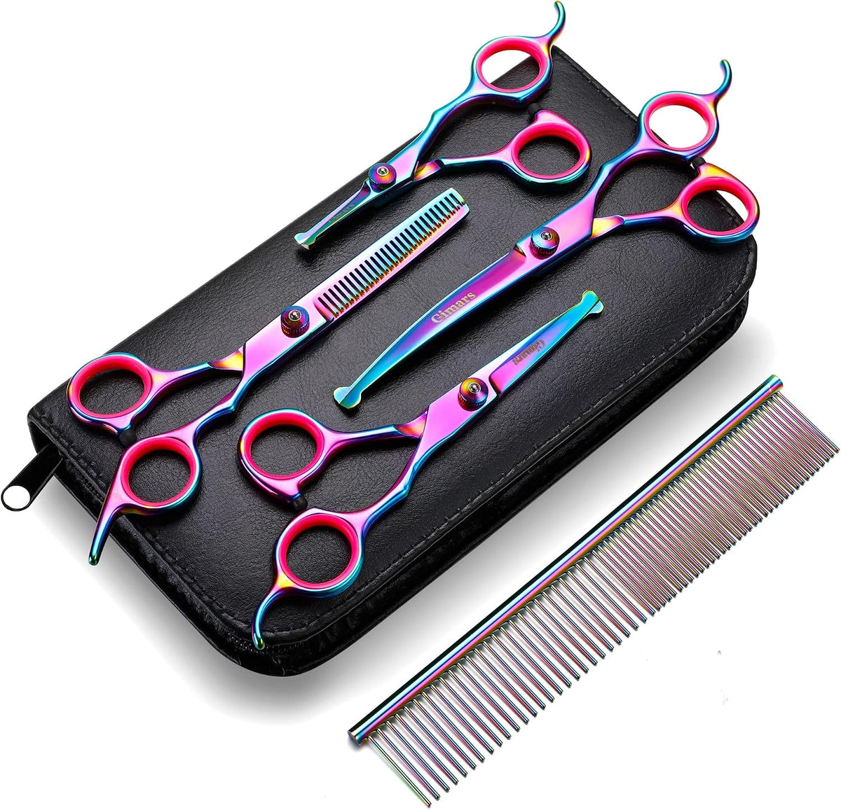 Gimars Professional 4CR Stainless Steel 6 in 1 Grooming Scissors for Dogs with Safety Round Tip, Heavy Duty Titanium Coated Pet Grooming Scissor for Dogs, Cats and Other Animals 