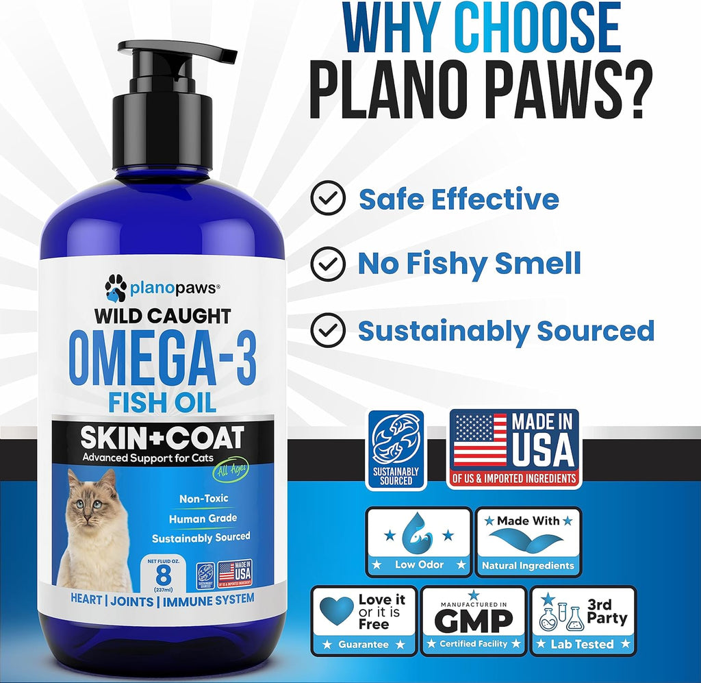 Omega 3 Fish Oil for Cats - Wild Caught, Skin and Coat, 8 fl oz Liquid