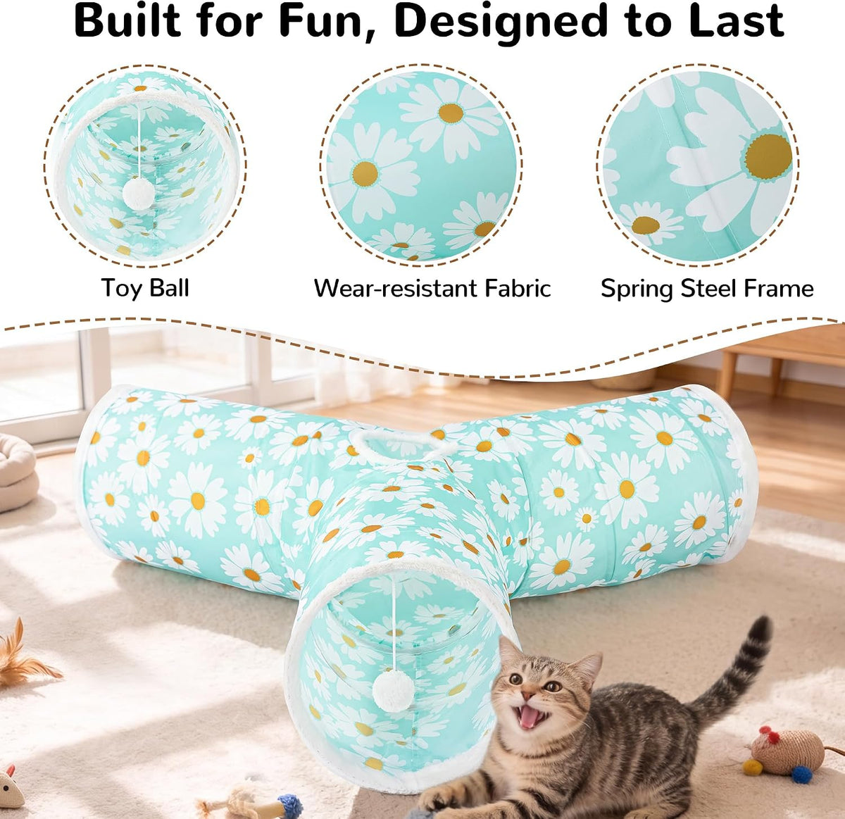 Tempcore Cat Tunnel, 3-Way Collapsible Toy, Large Size Daisy Blue Printed | Large Size 3-Way Cat Tunnel Provides More Room for Cats to Run, Hide and Chase, with Peek Holes, Hanging Ball and Teaser Wand