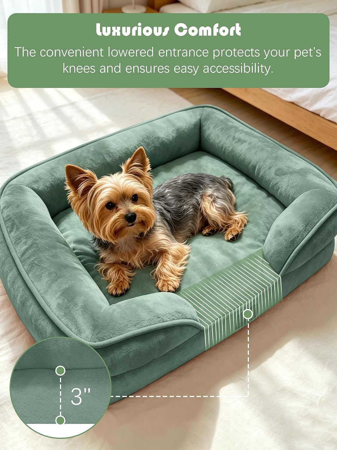 Spotted Play Orthopedic Dog Bed with Sides - Sofa Beds for Small Dogs, Supportive Foam Pet Couch Bed with Washable Removable Cover, Waterproof Lining and Non-Slip Bottom, Green - S