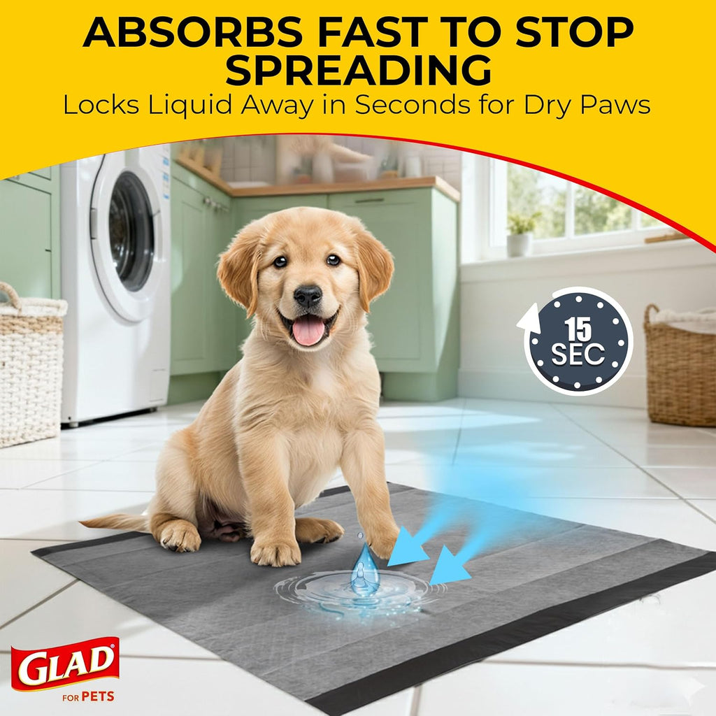 Glad for Pets Activated Carbon Disposable Dog Training Pads, 50 Count | Ideal for puppies, senior dogs, incontinence, and post-surgery, ultra-absorbent, keeps floors & crates dry, 23 x 23 in
