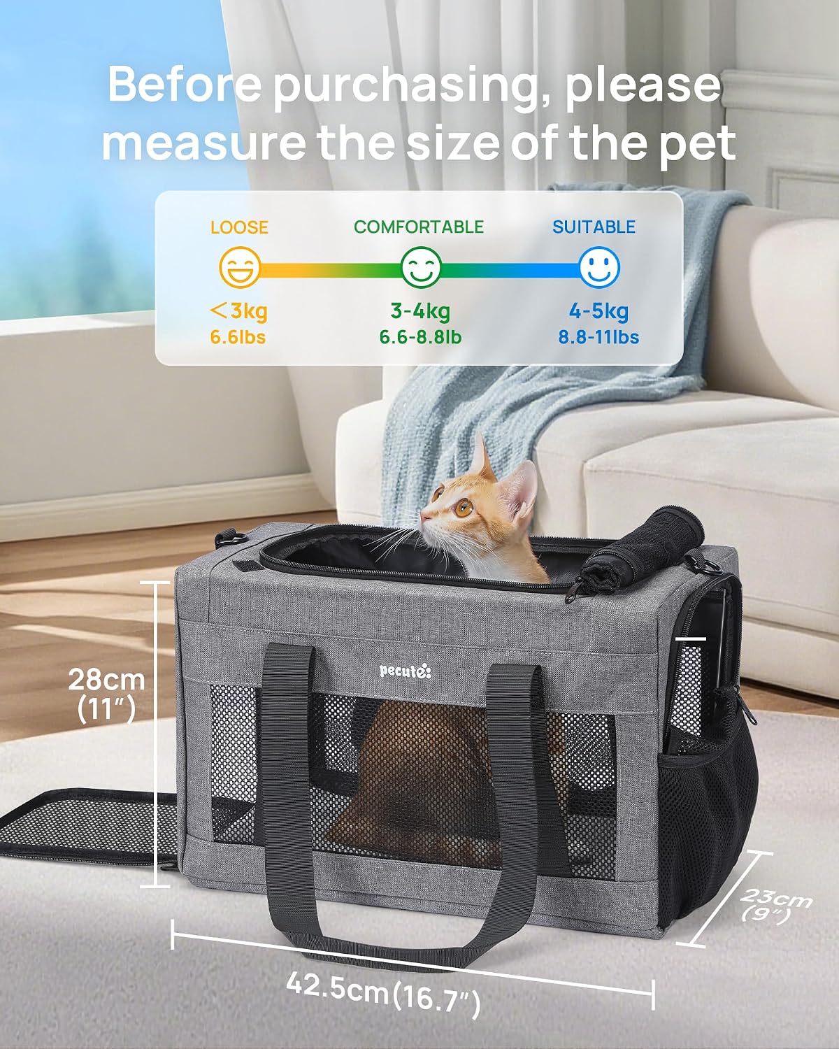 Pecute Airline Approved Cat Carrier, Pet Carrier Soft-Sided, Portable Dog Carrier with Stable Structure, TSA Approved Pet Carrier for Pets Less Than 12lbs, Cat Carrier Bag Suitable for Travel, Gray