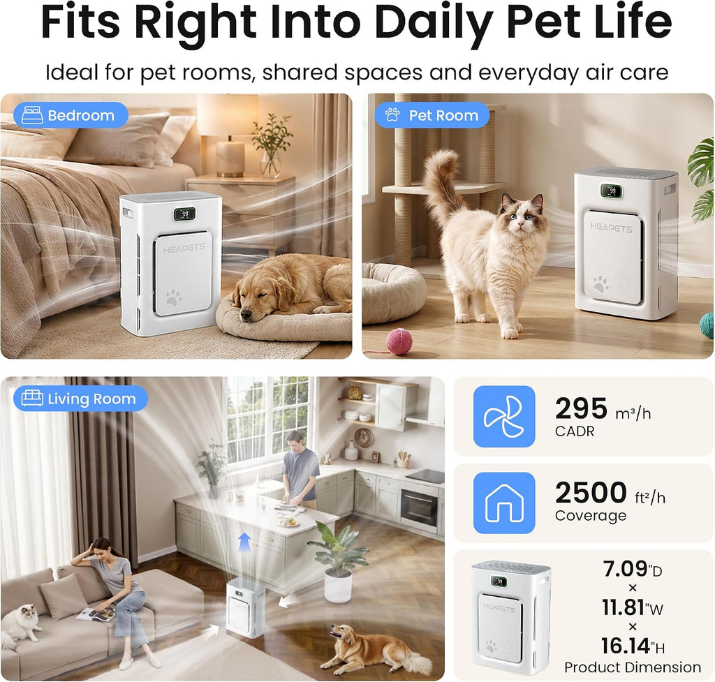 Pet Air Purifier for Home Large Room 2500 Sq Ft, H13 HEPA Double-Sided Filter with Washable Pre-filter, Adsorbs Pet Hair Dander Odor Allergies Smoke Dust,PM2.5 Air Quality Monitor,Auto Mode,P358 Grey