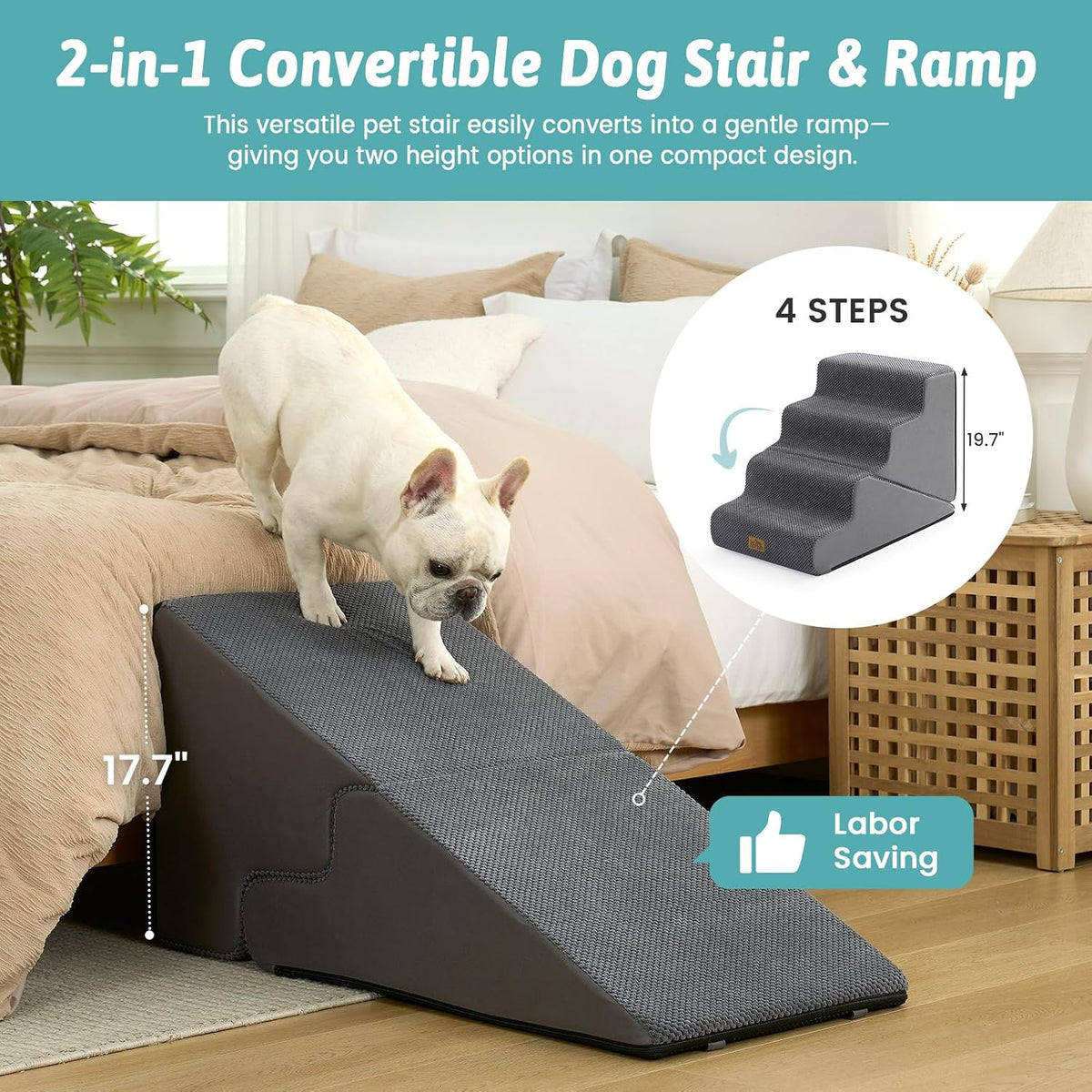 COZY KISS Dog Stairs for Small Dogs, 4-Step 2-in-1 Dog Steps,19.7" H