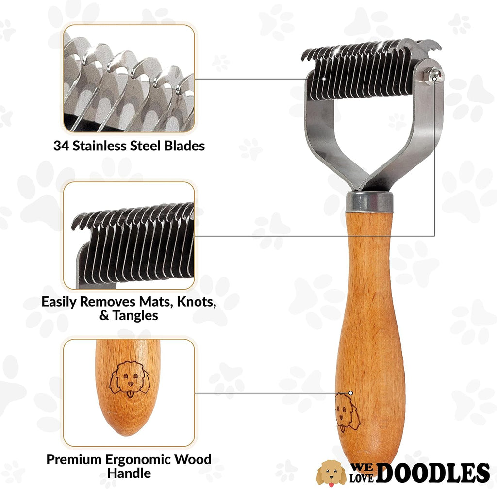 We Love Doodles Pet Dematting Comb and Pet Dematting Brush & Rake - Brown, Stainless Steel Deshedding Undercoat Rake and Detangler Brush for Dogs, Grooming Tool for Detangling, Thinning and Shedding