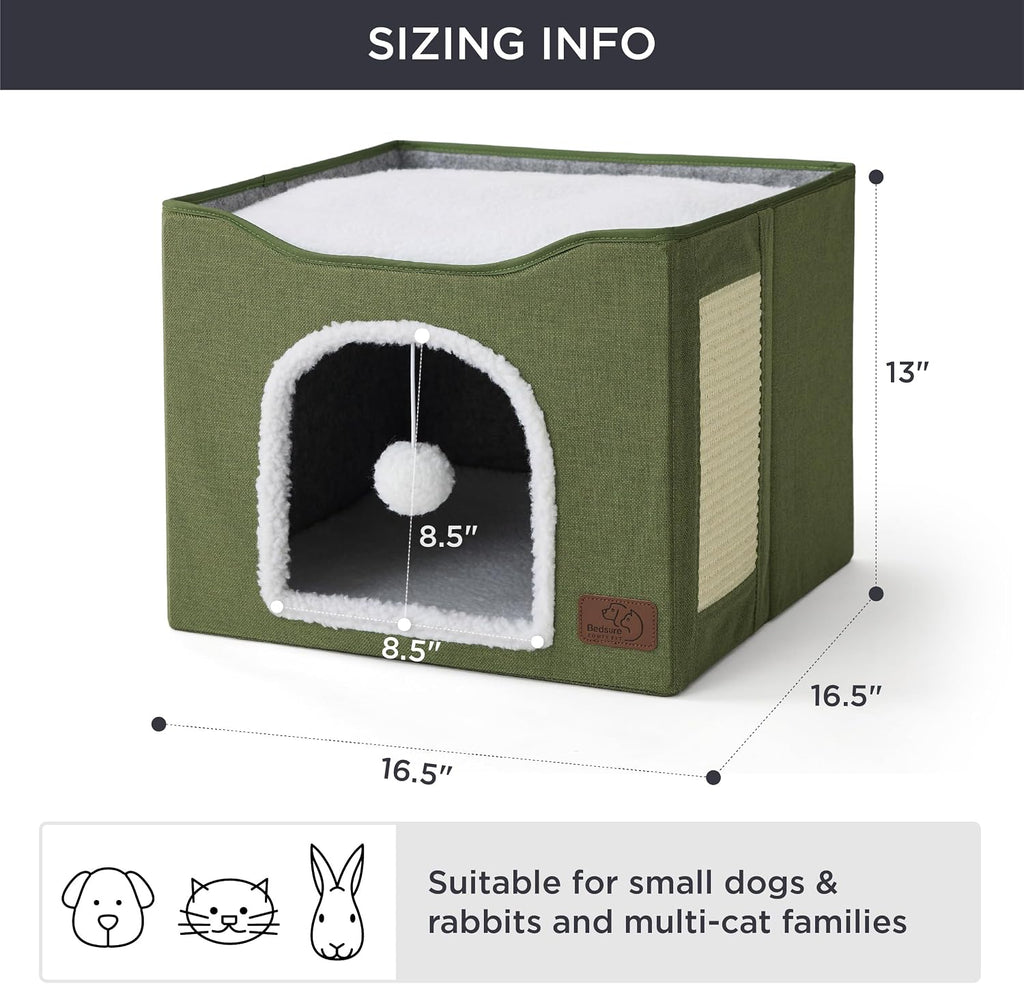 Bedsure Cat House Bed for Indoor Cats with Fluffy Ball and Scratch Pad