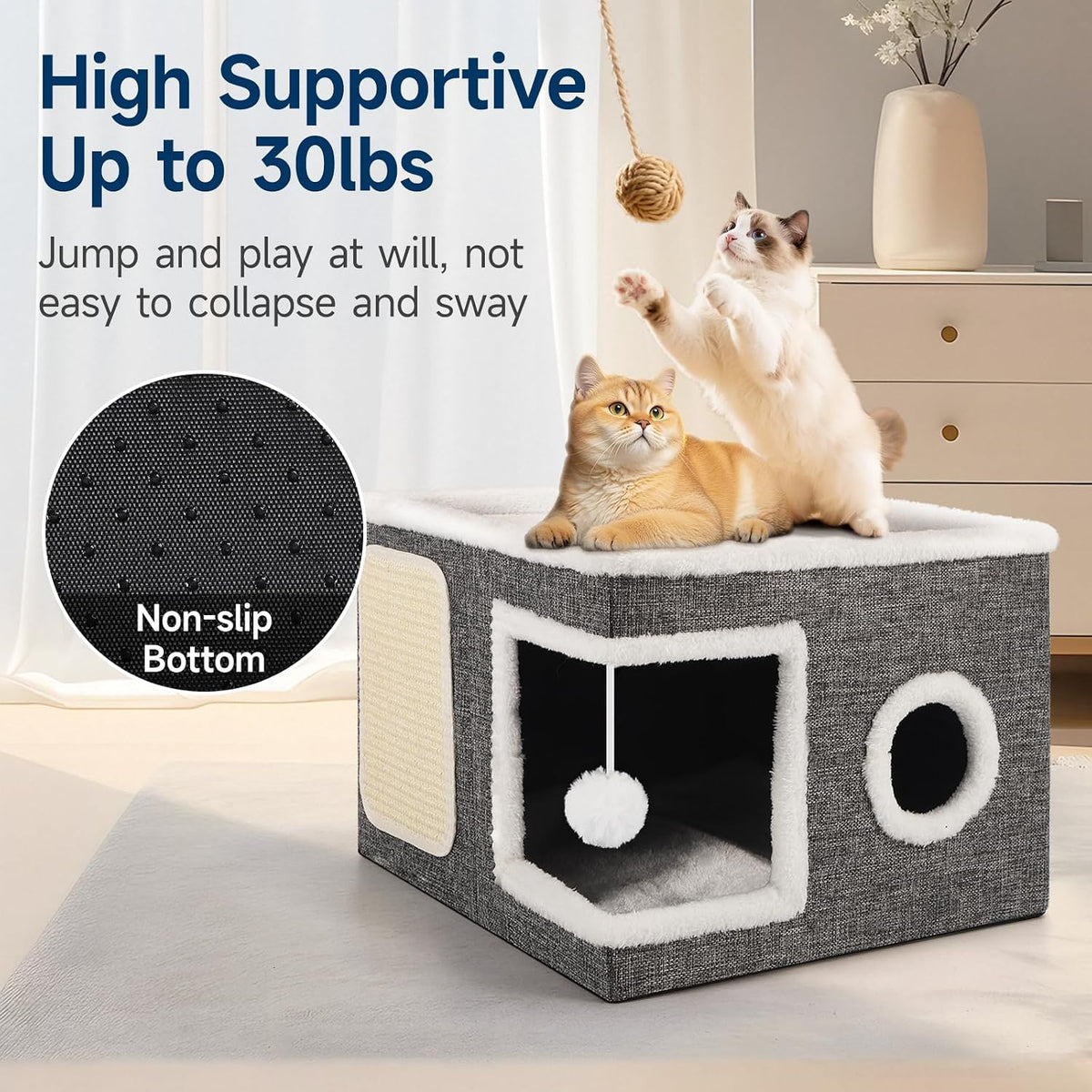 Shikha Cat House Bed for Indoor Cats with Fluffy Ball and Scratch Pad Grey