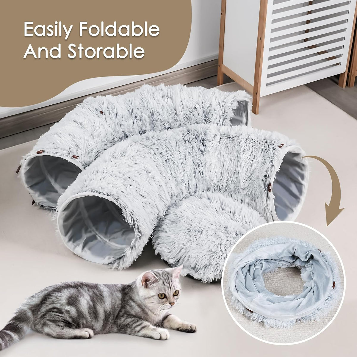Cat Tunnel Bed for Indoor Cats, Peekaboo Cat Cave with Washable Soft Play Mat, Furry Cat Tube, for Kitten/Puppy/Rabbit, Grey