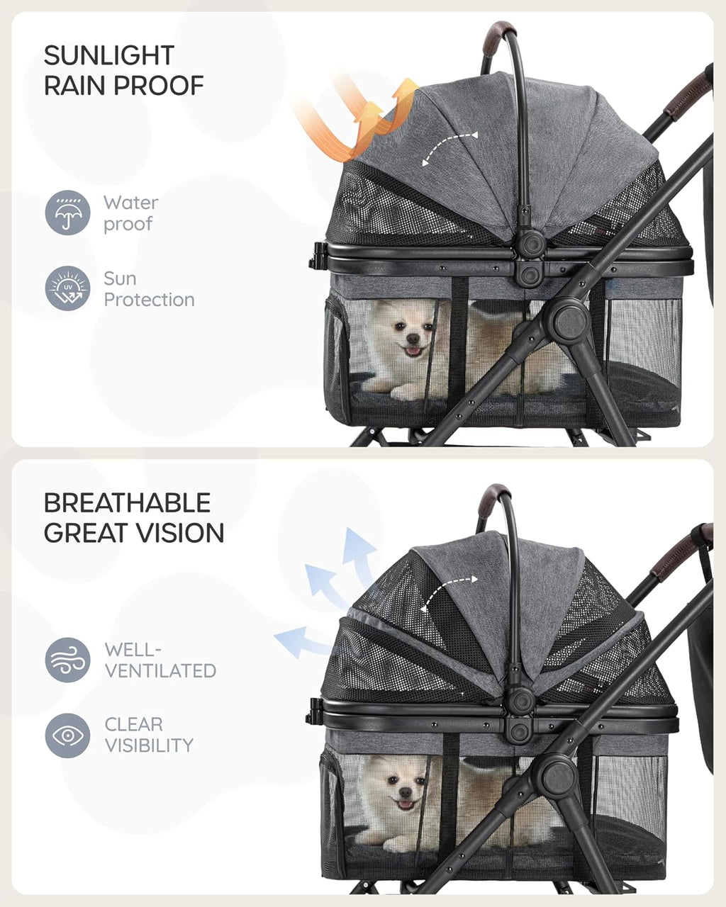Pet Stroller for Small Dogs & Cats, Foldable with Detachable Carrier