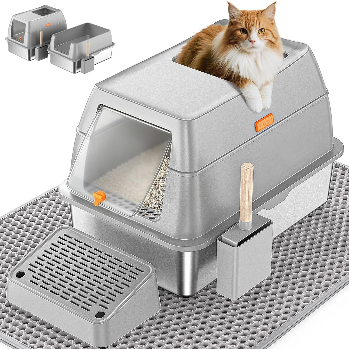 XL Stainless Steel Litter Box with Lid, Enclosed Metal Cat Pan