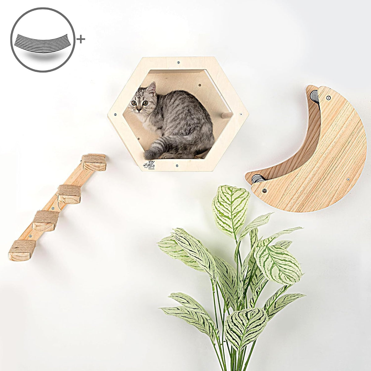 3-Pack Cat Wall Set – Hexagon House, Hammock & Steps + Spare Hammock Fabric