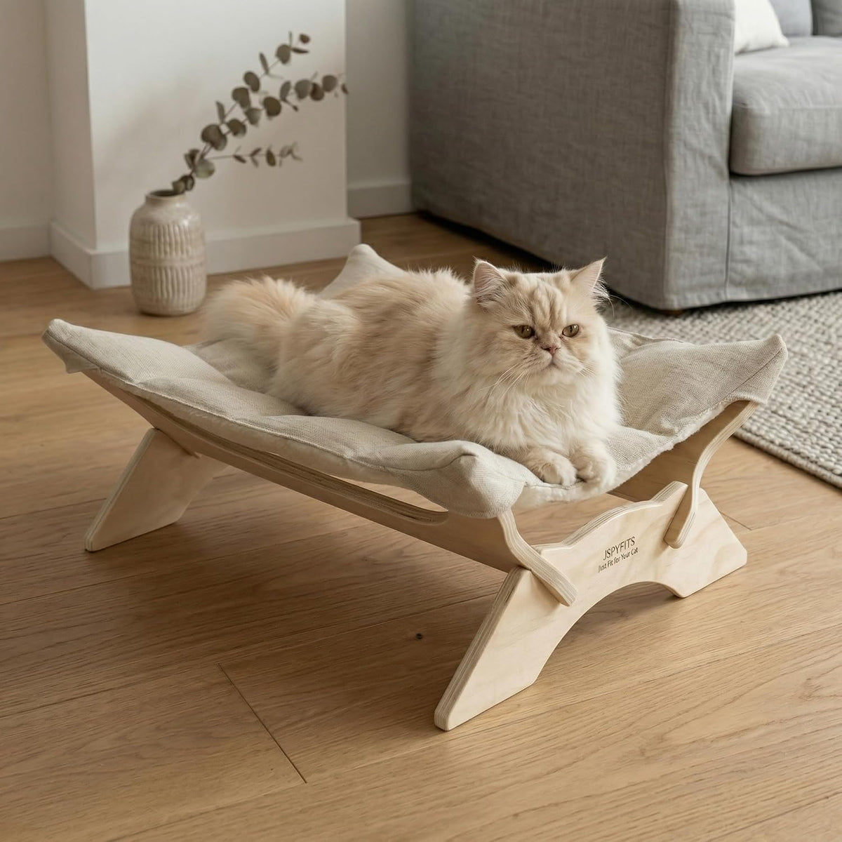 JSPYFITS Elevated Cat Bed Hammock, Raised Cat Bed with Dual-Sided Plush & Linen Cushion, Machine Washable & Breathable Cover Tool Free Easy Assembly, up to 66Lbs (White)