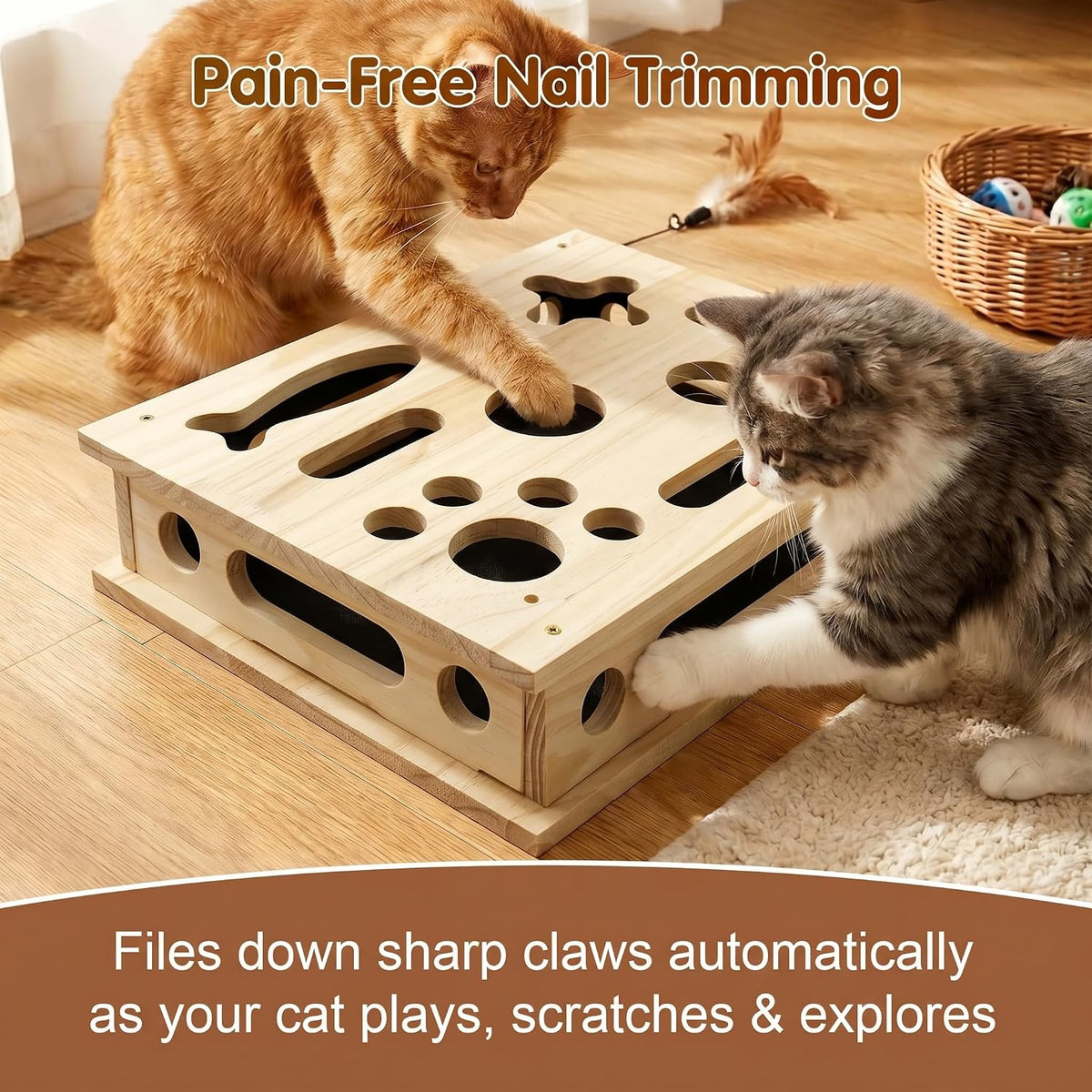 2026 NEW Cat Nail File Scratcher, Cat Scratch Puzzle Enrichment Box with Sandpaper for Cat Claw Care, Stress-Free Trimming Nails, Cat Toys Interactive for Indoor Cats (with Bell Balls & Cat Teaser)
