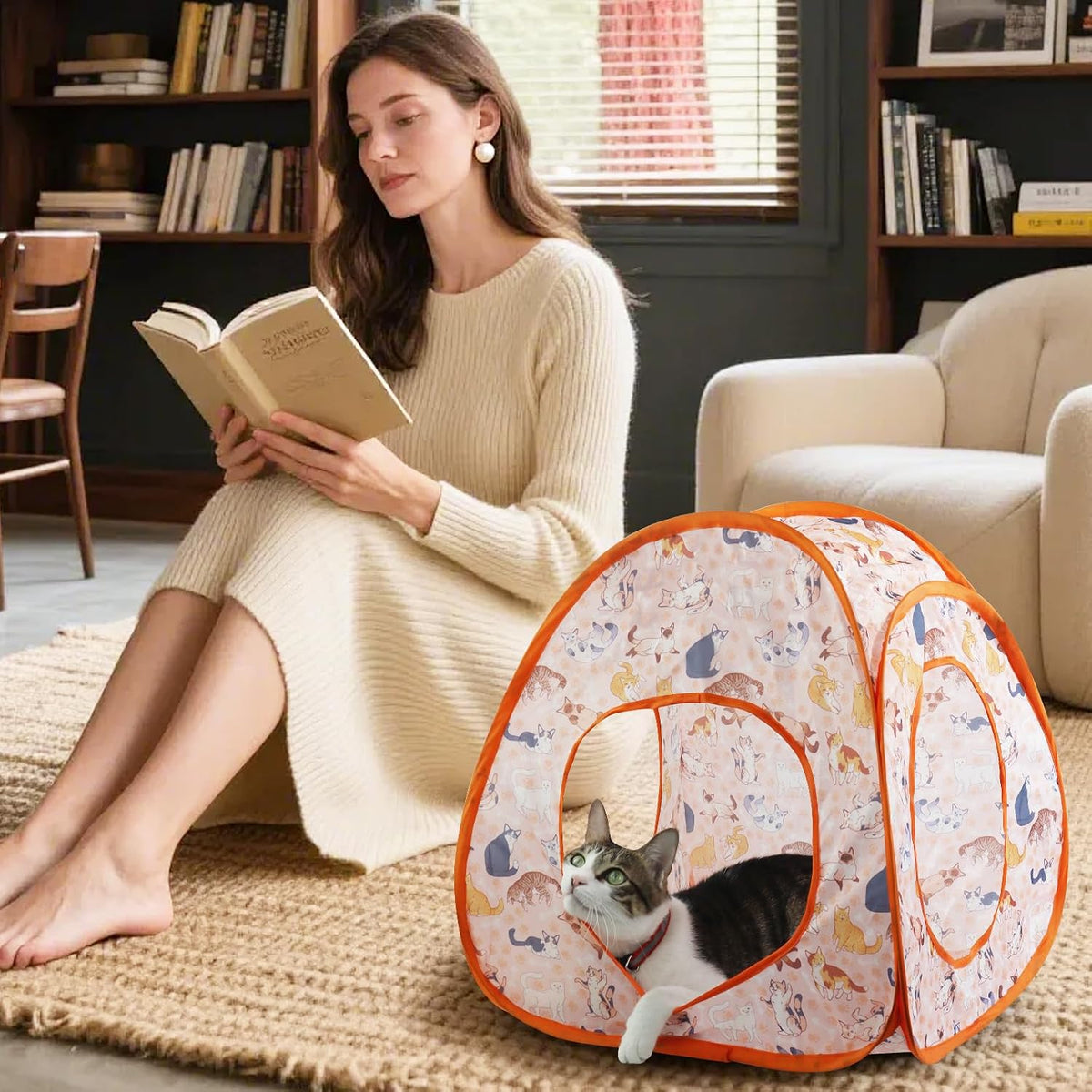 Andiker Cat Tent, 3 Holes Safe and Strong Cute Cats Tunnel Collapsible Easy to Carry Cat House for Indoor Cats Kittens Hiding Playing Training Sleeping (Tent Orange)