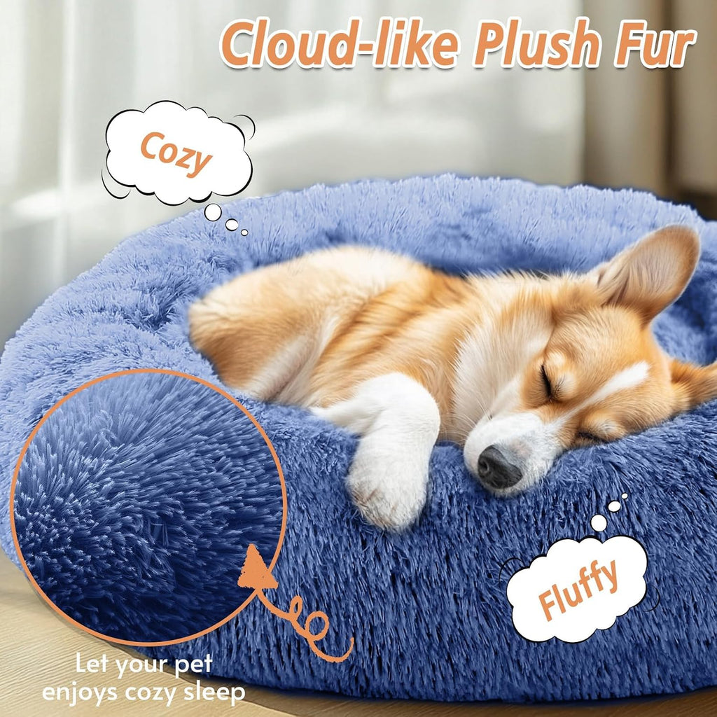 JOLLYVOGUE Calming Dog Beds Extra Large Sized Dog, 45in Donut Washable Large Pet Bed, Anti-Slip & Anti-Anxiety Fluffy Faux Fur Round Dogs Bed, Fits up to 125 lbs Pets (Navy Blue)