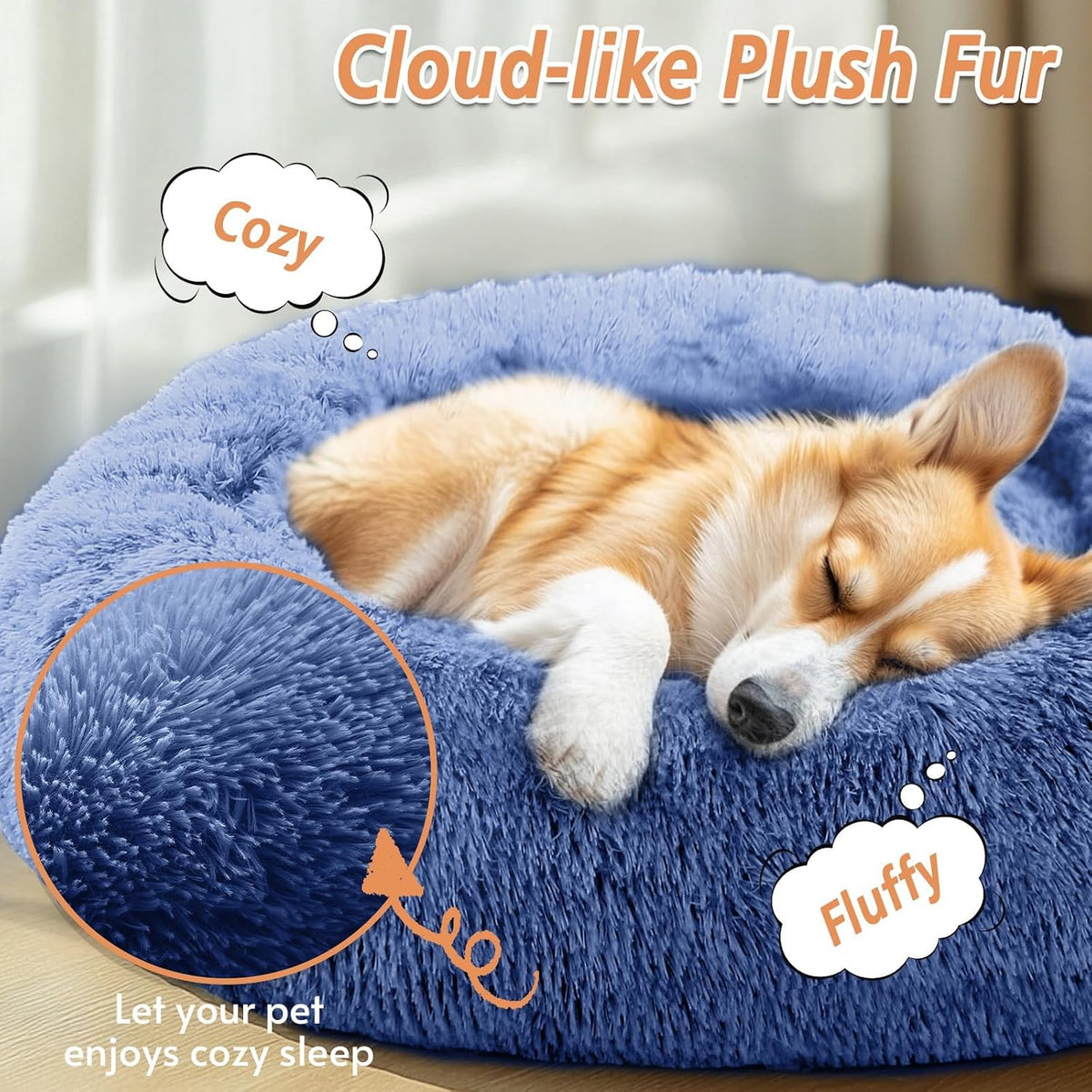 JOLLYVOGUE Calming Dog Beds Extra Large Sized Dog, 45in Donut Washable Large Pet Bed, Anti-Slip & Anti-Anxiety Fluffy Faux Fur Round Dogs Bed, Fits up to 125 lbs Pets (Navy Blue)