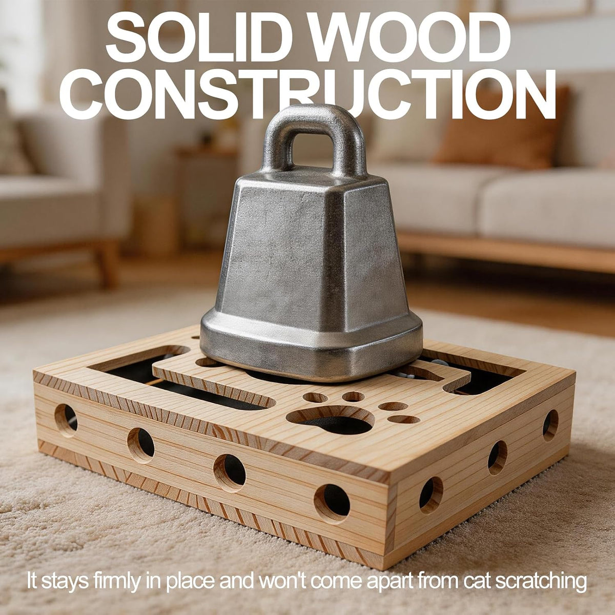 Cat Scratch Puzzle Box for Indoor Cats, Wooden Cat Enrichment Toy