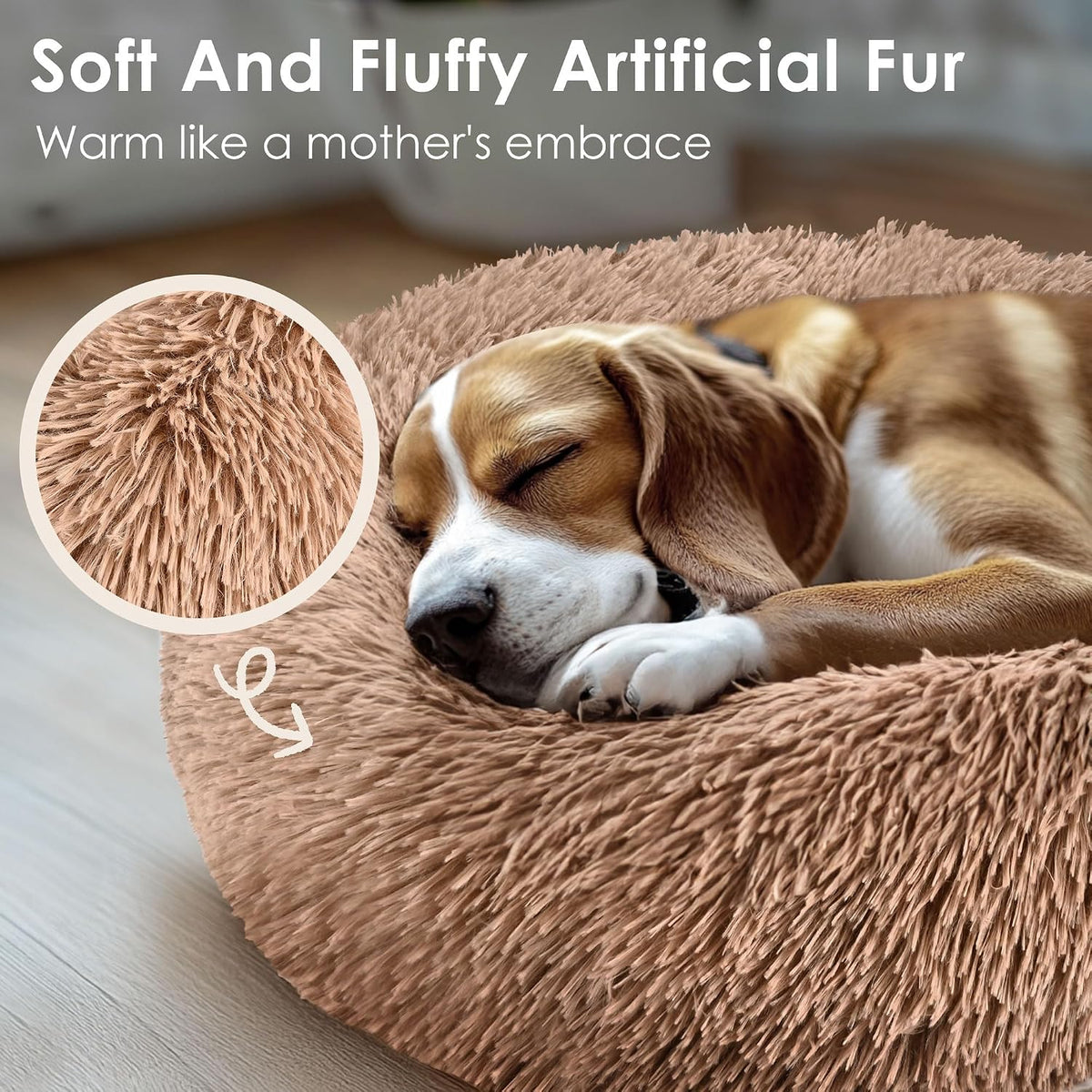 Hoewina Dog & Cat Bed for Indoor Cats, 20in Calming Donut Bed (Camel)