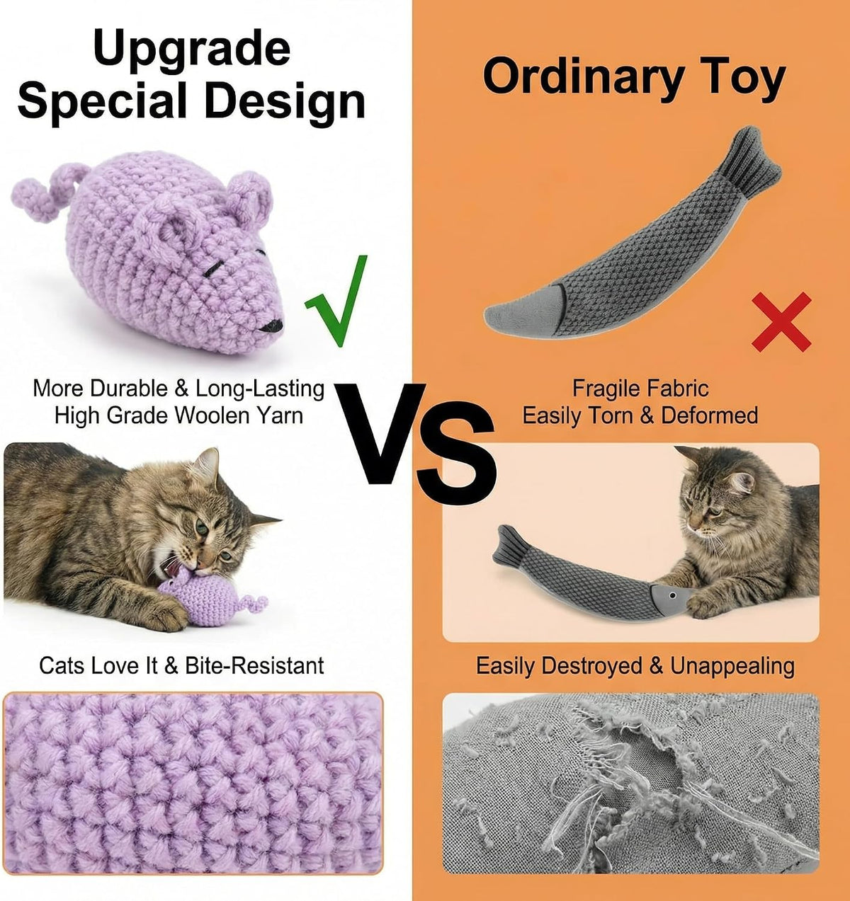 Catnip Toys Crochet Mouse, 6 Pcs Yarn Cat Nip Mice Safe Teeth Cleaning Chew Toy for Indoor Kittens Kitty, Adult Cats Interactive Catnip Cat Kicker Toys Anxiety Relief