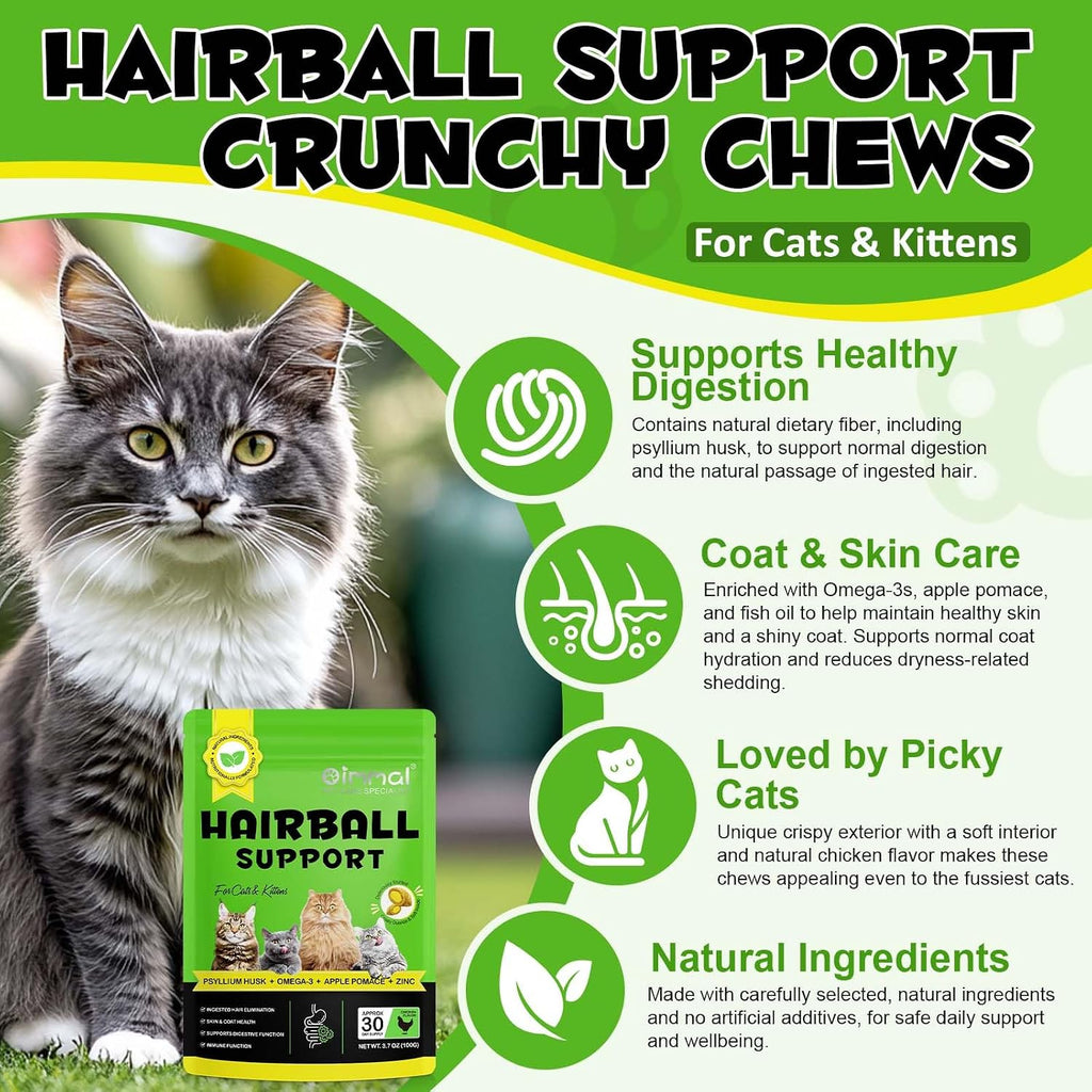 Hairball Treatment for Cats & Kittens, Cat Hairball Support Crunchy & Creamy Chews for Cats,Hairball Control & Relief Treats with Cat Grass,Apple Pomace & Omega-3 Fish Oil,Supports Healthy Skin Coat