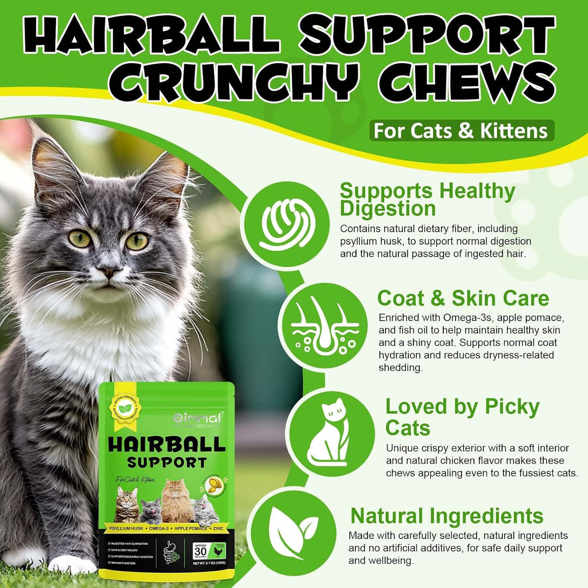 Hairball Treatment for Cats & Kittens, Cat Hairball Support Crunchy & Creamy Chews for Cats,Hairball Control & Relief Treats with Cat Grass,Apple Pomace & Omega-3 Fish Oil,Supports Healthy Skin Coat