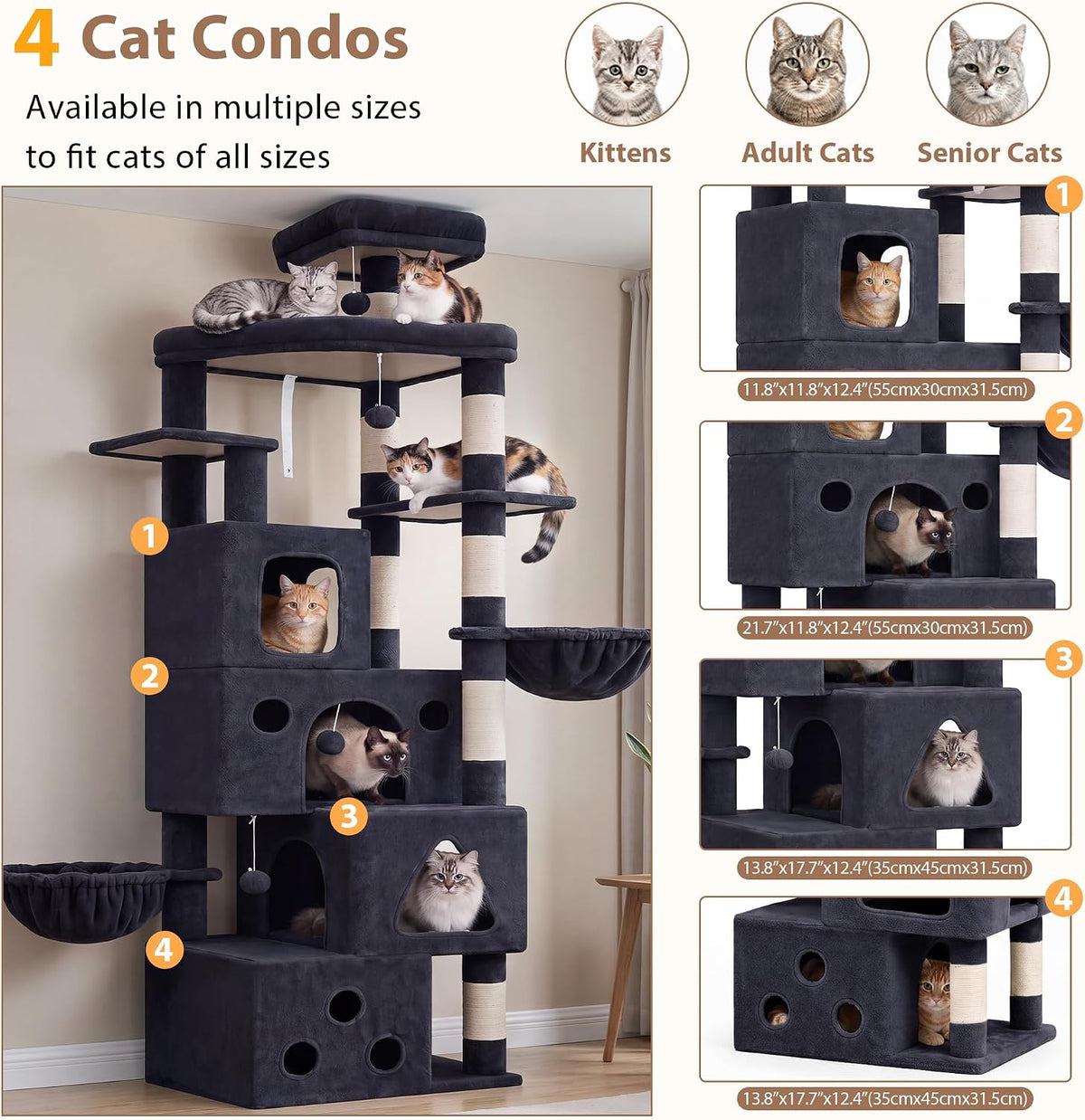 Gitelsnour 78.7'' Cat Tree Tower, 4 Cat Condos for Mutiple Cats, GCT809G