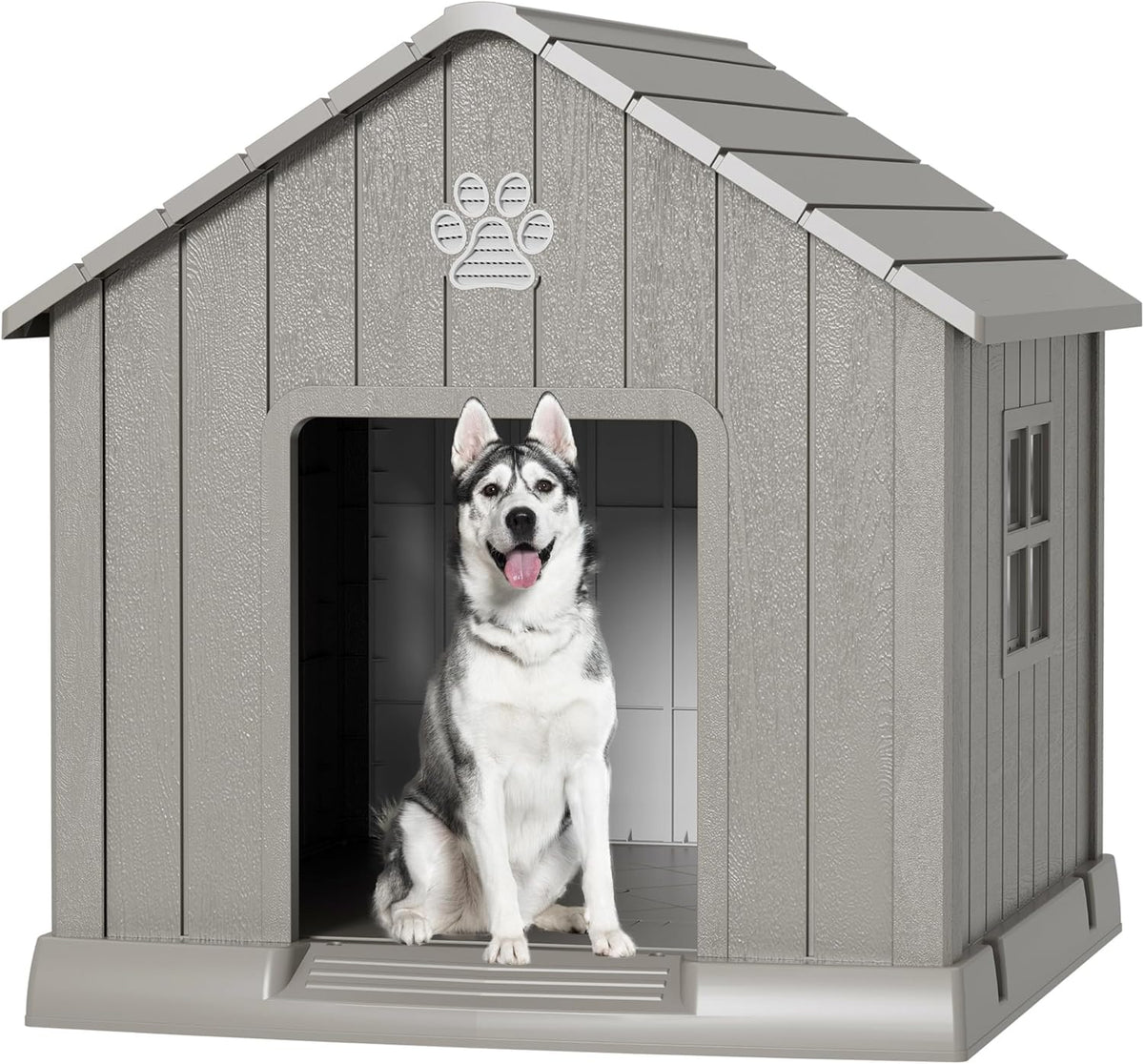 Fancyango Dog House Outdoor Indoor - Waterproof, Ventilated, Easy to Clean, Elevated Floor for Small-Large Dogs, Easy to Assemble (Grey, 37.2" L x 40" W x 40" H)