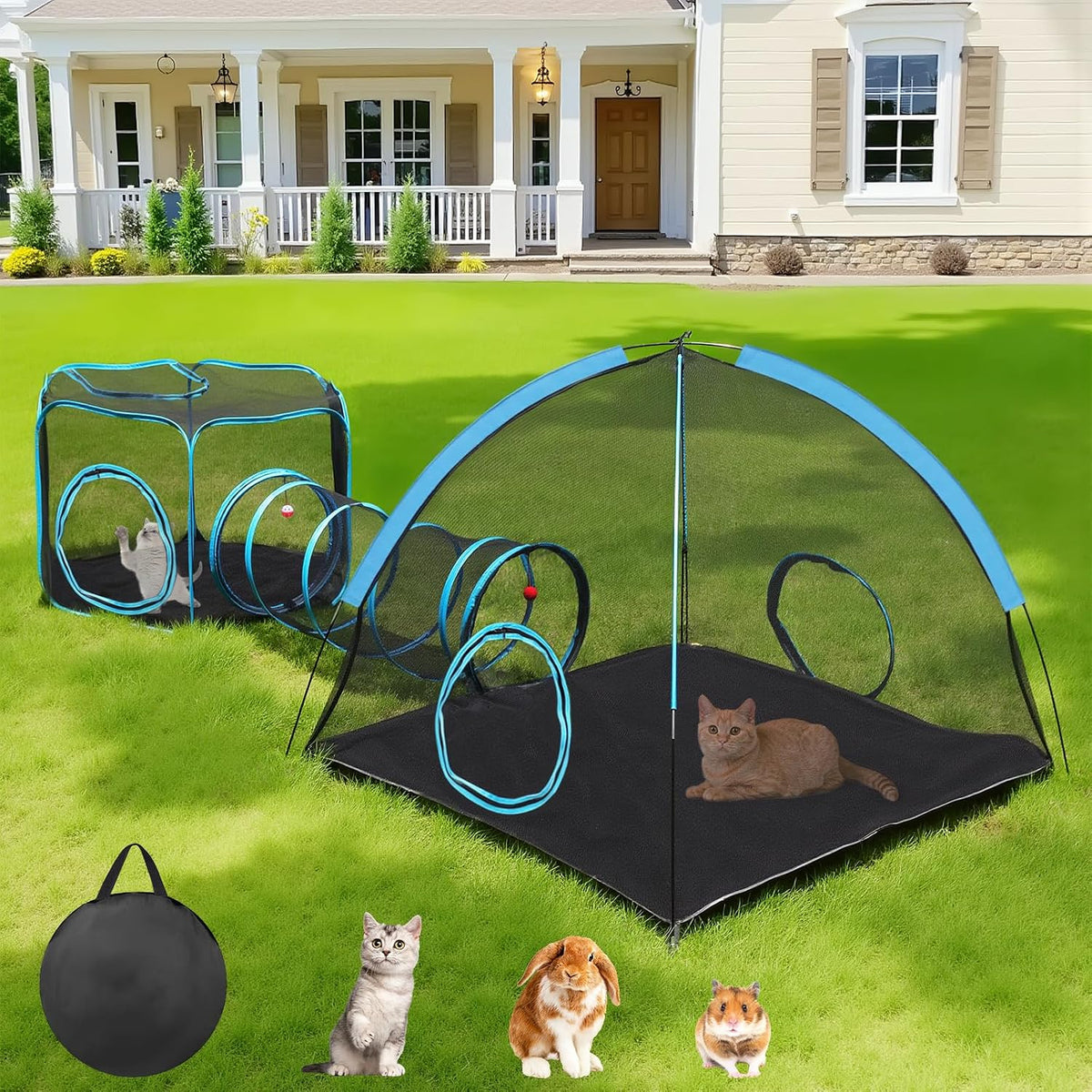 3-in-1 Outdoor Cat Enclosure, Portable Catio Tent with Tunnel