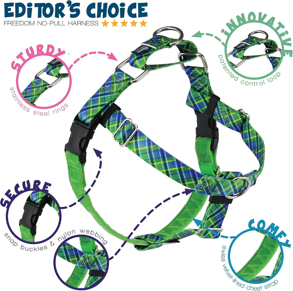 2 Hounds Design - Freedom No-Pull Harness & Training Leash in Green and Blue | Dual Leash Loops, No Pulling on Walks | Lined to Prevent Chaffing | for Large Sized Dogs (Size L, Chest 28”- 32”)