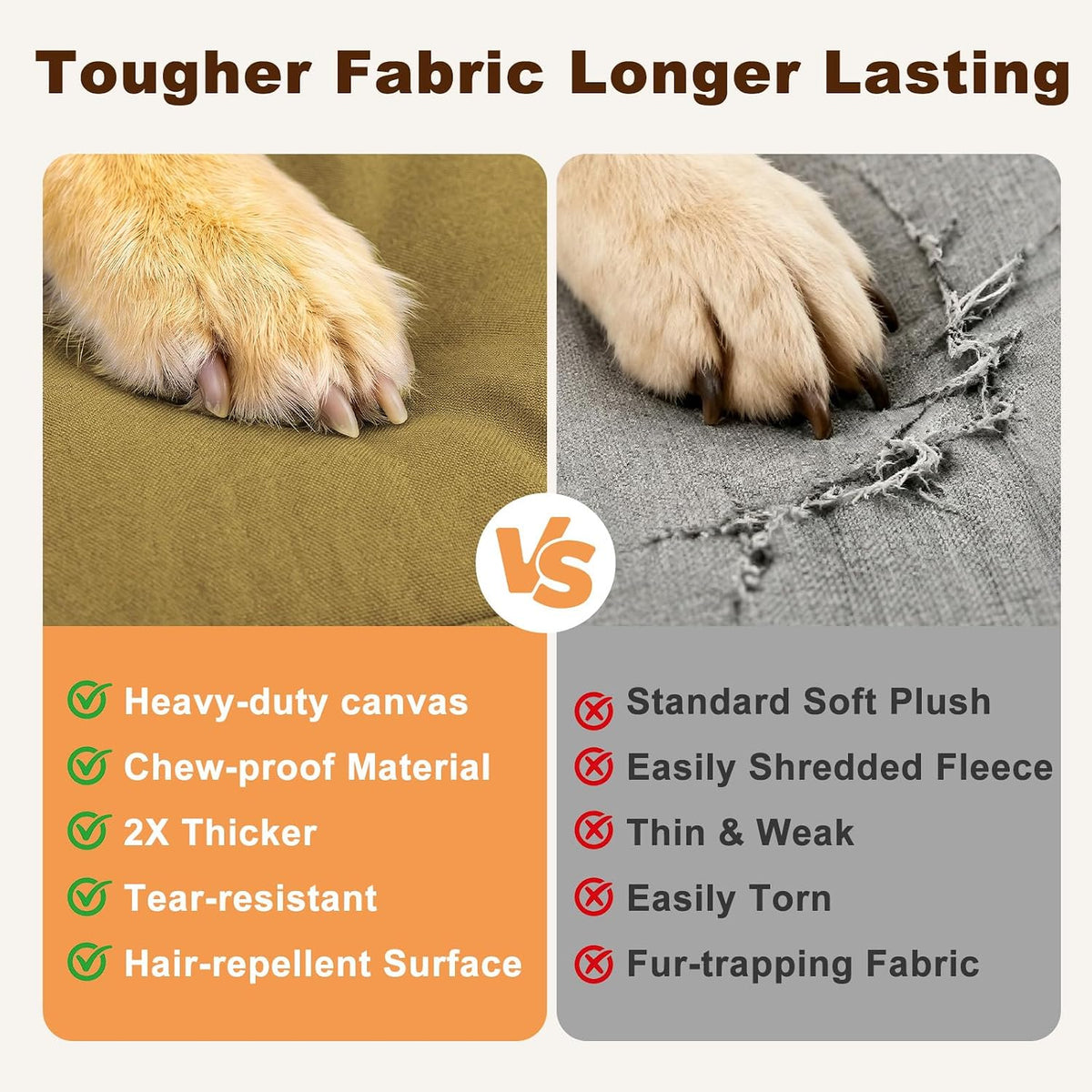 JOEJOY Chew Proof Indestructible Dog Bed for Large Dogs, Heavy Duty Waterproof Canvas Dog Crate Pad with Hidden Zipper & Removable Washable Cover, Brown, 42"x30"