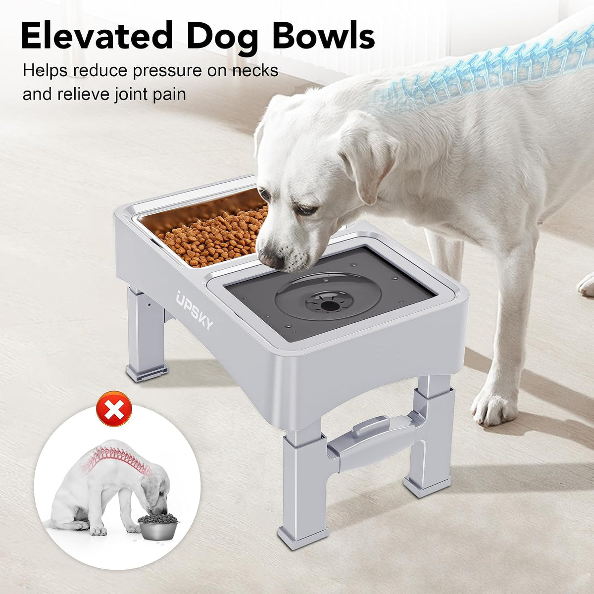 UPSKY 3-in-1 Elevated Dog Bowls Set with 4 Height Adjustable Stand, White