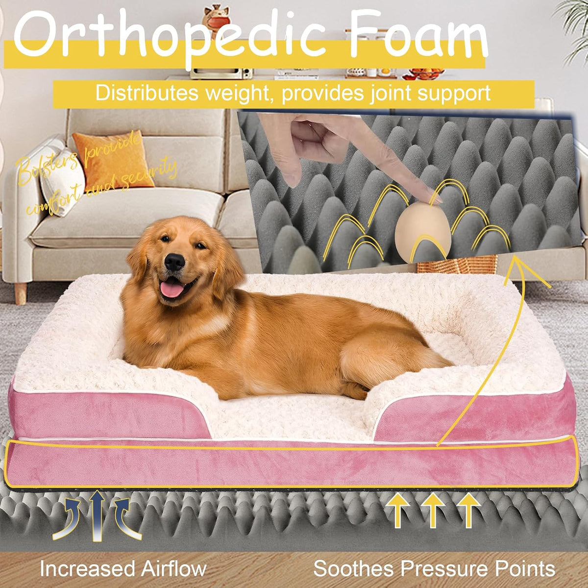 Orthopedic Dog Beds Medium Large Sized Dog, Dog Sofa Bed, Pet Beds(Pink, L)