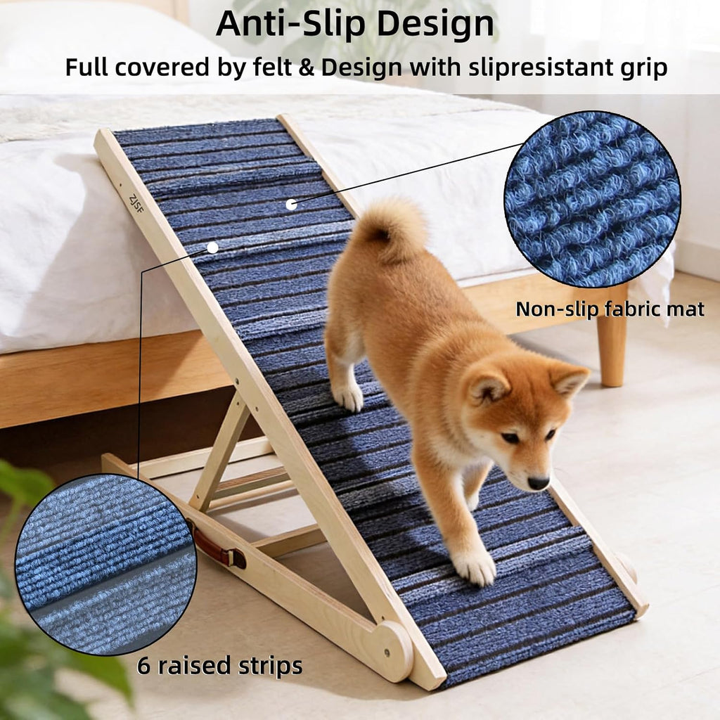 ZJSF Foldable Dog Ramp for High Bed, Wooden Dog Stairs to Bed for Small and Large Dogs, High Traction Platform with 6 Adjustable Heights (13.5"-30"), 48" L, Supports up to 220 lbs