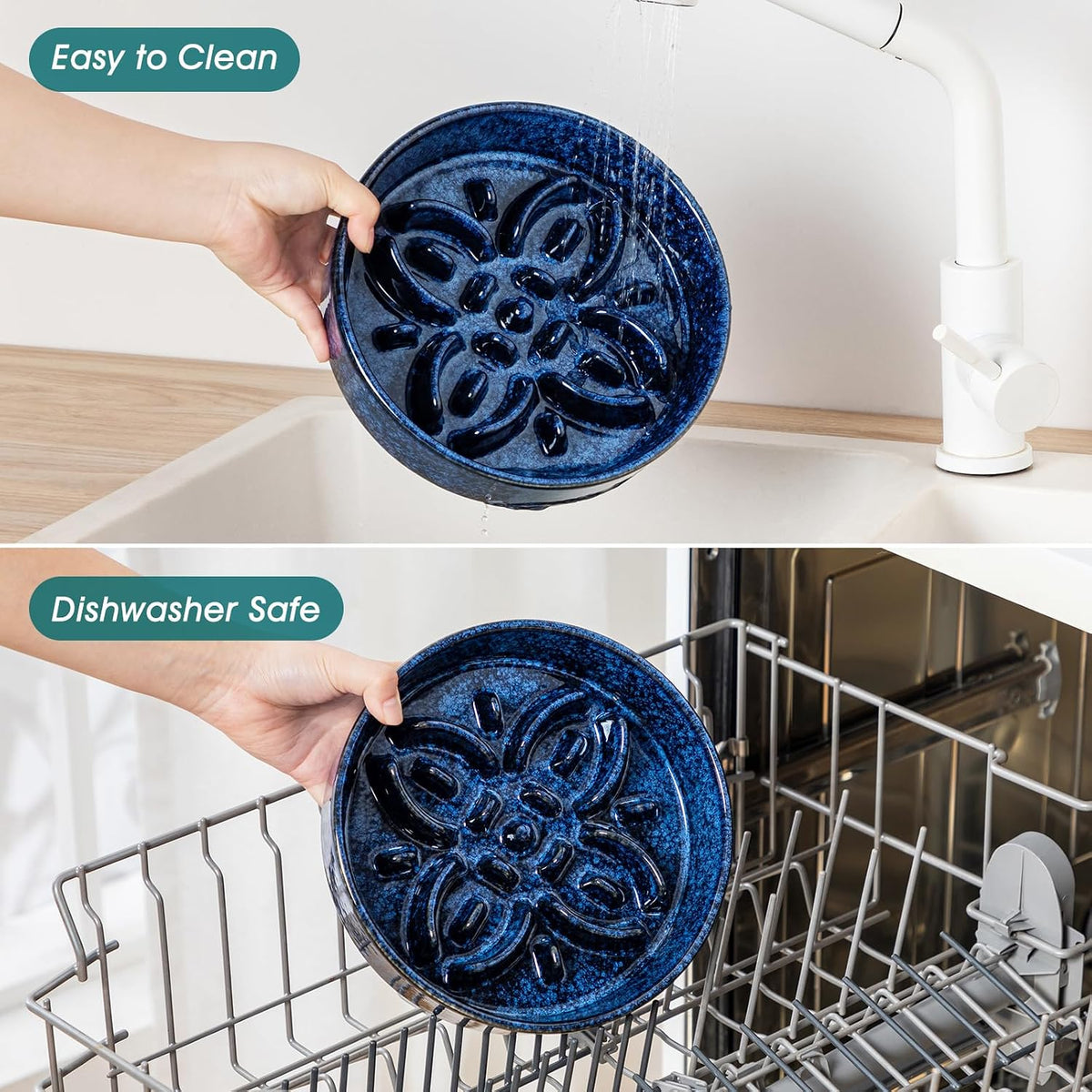 vancasso Ceramic Slow Feeder Dog Bowls, Puzzle Dog Food Bowls with Floral Maze, Anti -Slip Pet Food Dish for Medium Breed, 1.5 Cups, Blue