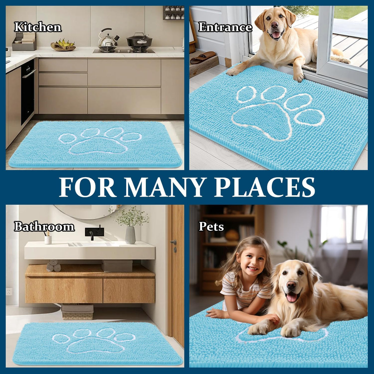 OLANLY Dog Door Mat for Muddy Paws 48x30, Paw Print Design Chenille Mud Mat