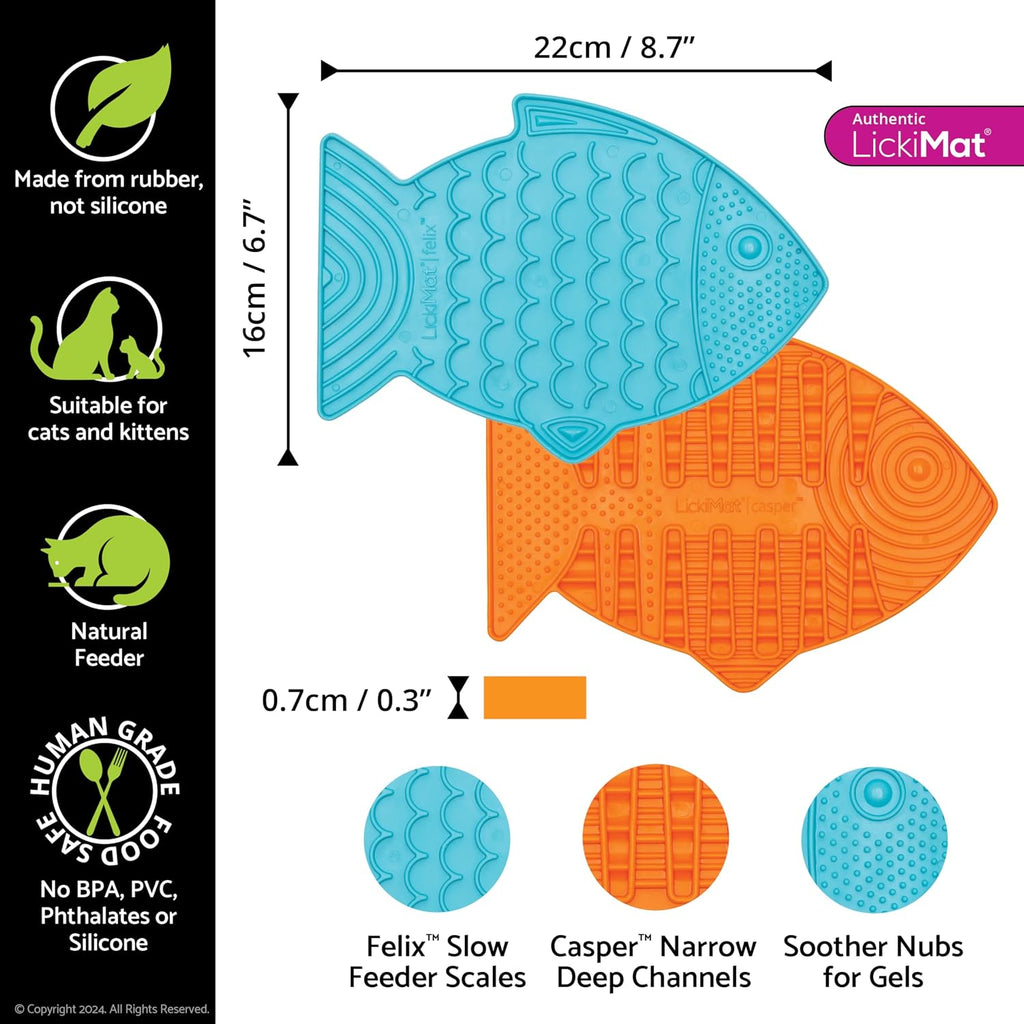 Lickimat Casper & Felix, Fish-Shaped Cat Slow Feeders Lick Mat, Boredom Anxiety Reducer; Perfect for Food, Treats and Anxiety Reduction. (Orange & Turquoise)