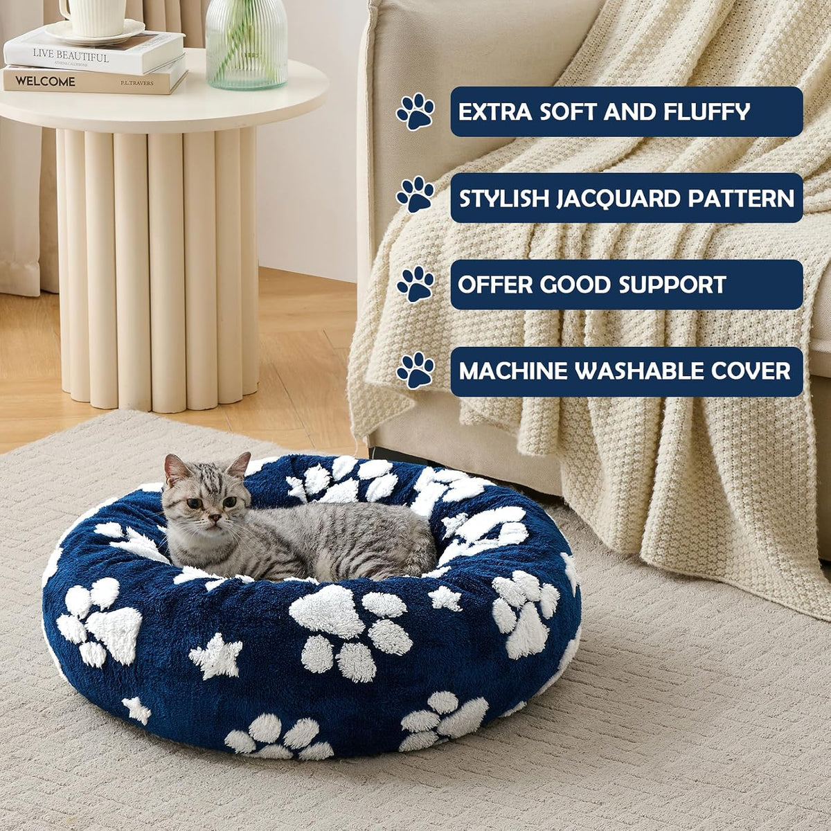 Round Cat Beds for Indoor Cats, Small Donut Dog Beds, Navy Blue, 20"
