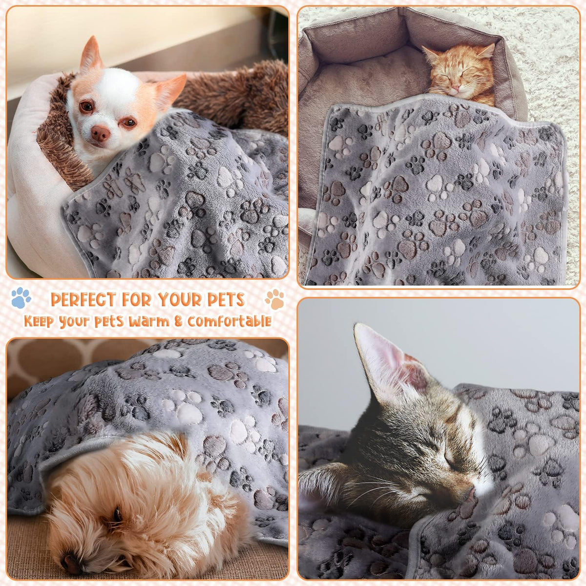 Tatuo 4 Pcs Fleece Dog Blanket for Puppy Cat, Light Gray, 30 x 20.5 in, Paw