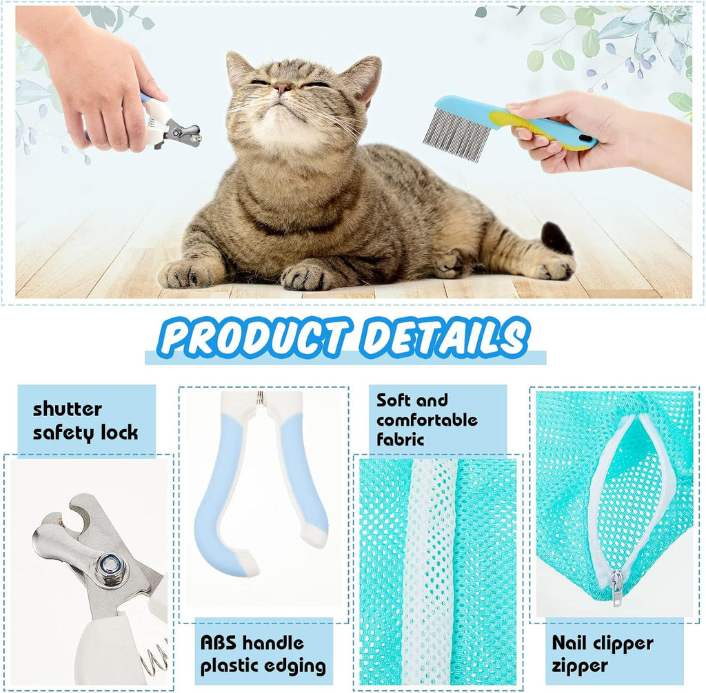 8 Pcs Cat Muzzle Set with Adjustable Cat Bathing Bag, Breathable Muzzle Pet for Shower Grooming Brush Tick Remover Tool Nail Clipper Nail File for Dog, Bunny Cleaning Trimming(M Size,Blue)