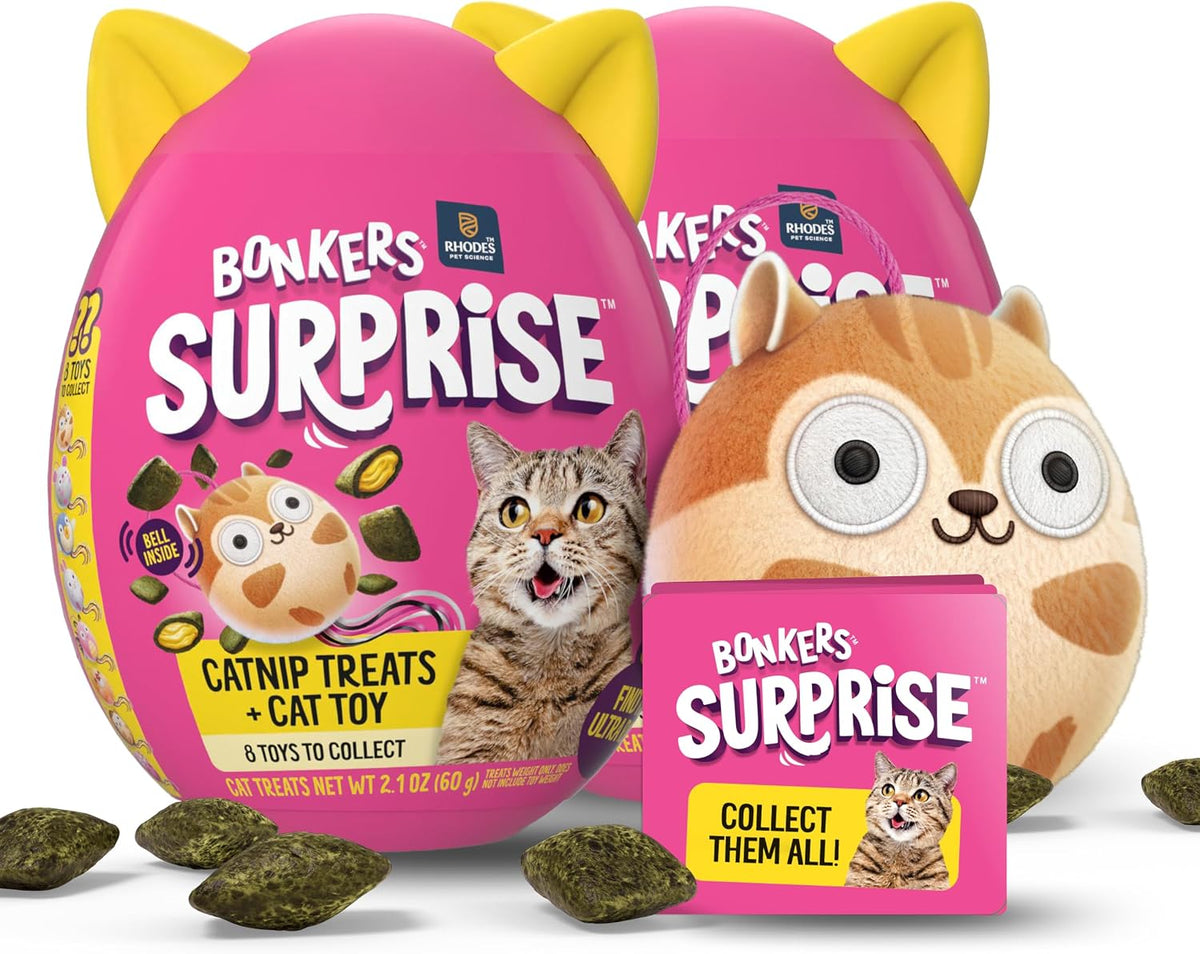 Bonkers Cat Surprise Catnip Flavor Cat Treats with Toy Surprise, 100g Egg Case with Blind Box Cat Toy (1 of 8 Collectible Toys) (Pack of 2)