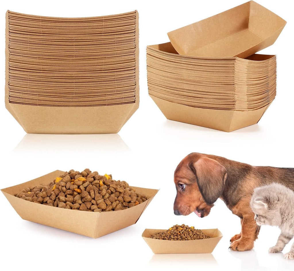 50 Pack Disposable Paper Dog Bowls, 16 oz for Dogs and Cats | Low-sided 16 oz Kraft Paper Trays for Wet or Dry Food, Suitable for Small Dogs, Puppies and Cats at Home, Travel or Camping