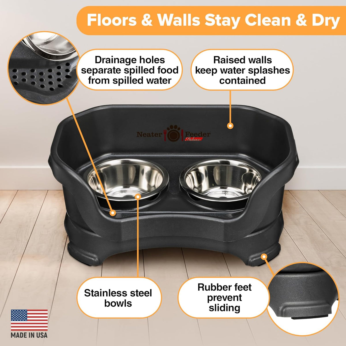 Neater Pet Brands Neater Feeder Deluxe Mess Proof Cat Bowls Elevated, Made in USA, No Spill Raised Bowls for Indoor Cats, Stainless Steel Food and Water Bowl Set, Pet Dish Feeding Station, Black 