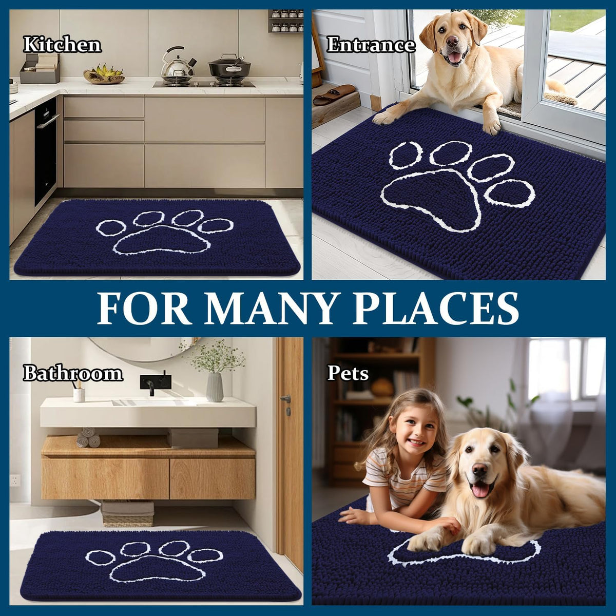OLANLY Dog Door Mat for Muddy Paws 59x24, Paw Print Design Chenille Mud Mat