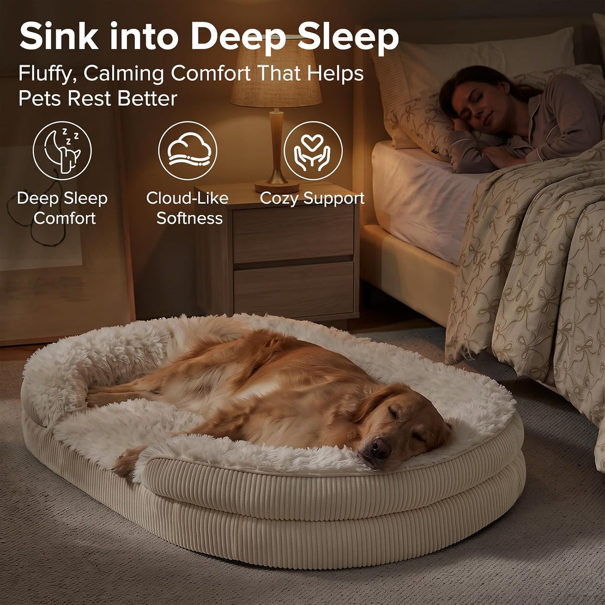 INVENHO Fluffy Orthopedic Dog Beds Large Sized Dog, Jumbo Egg-Crate Foam Bolster Sofa Bed with Washable Removable Waterproof Cover, Fluffy Plush Faux Fur Dog Bed with Non-Skid Bottom